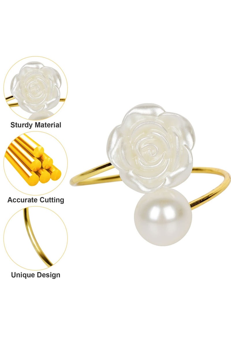 ١٠ حلقات منديل بأناقة اللؤلؤ والوردة البيضاء، حاملات منديل طاولة طعام كلاسيكية مصنوعة من ورق بتصميم عتيق، لديكورات مائدة منزلية وحفلات زفاف وعيد الحب. - Image 2