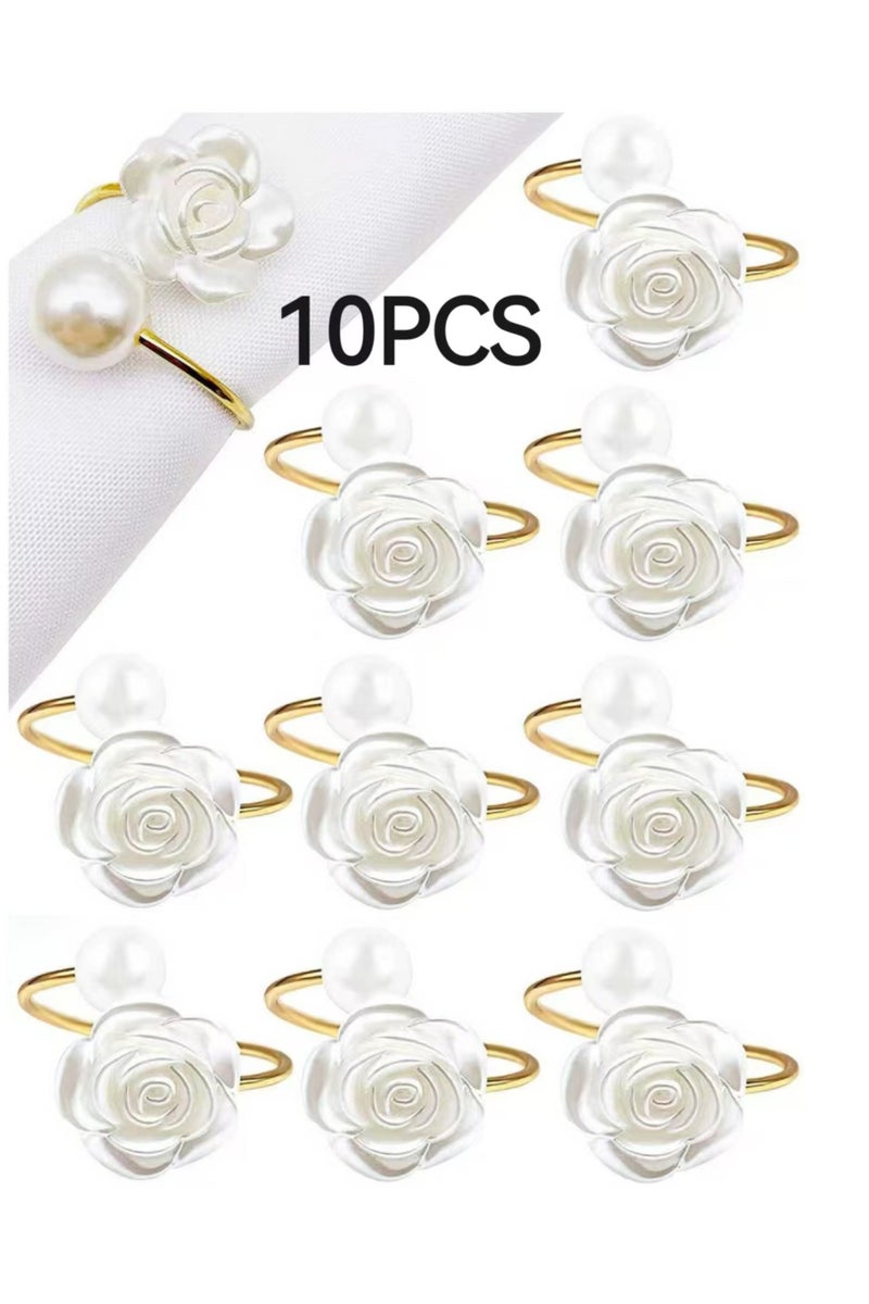 ١٠ حلقات منديل بأناقة اللؤلؤ والوردة البيضاء، حاملات منديل طاولة طعام كلاسيكية مصنوعة من ورق بتصميم عتيق، لديكورات مائدة منزلية وحفلات زفاف وعيد الحب. - Image 1