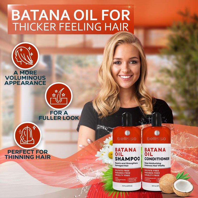 BELLISSO Batana Oil Shampoo and Conditioner Set - Thickening Hair Products for Women and Men - For Strengthening and Volumizing Fine and Thinning Hair - Sulfate Free with Biotin and Keratin for a Fuller Look - Image 2