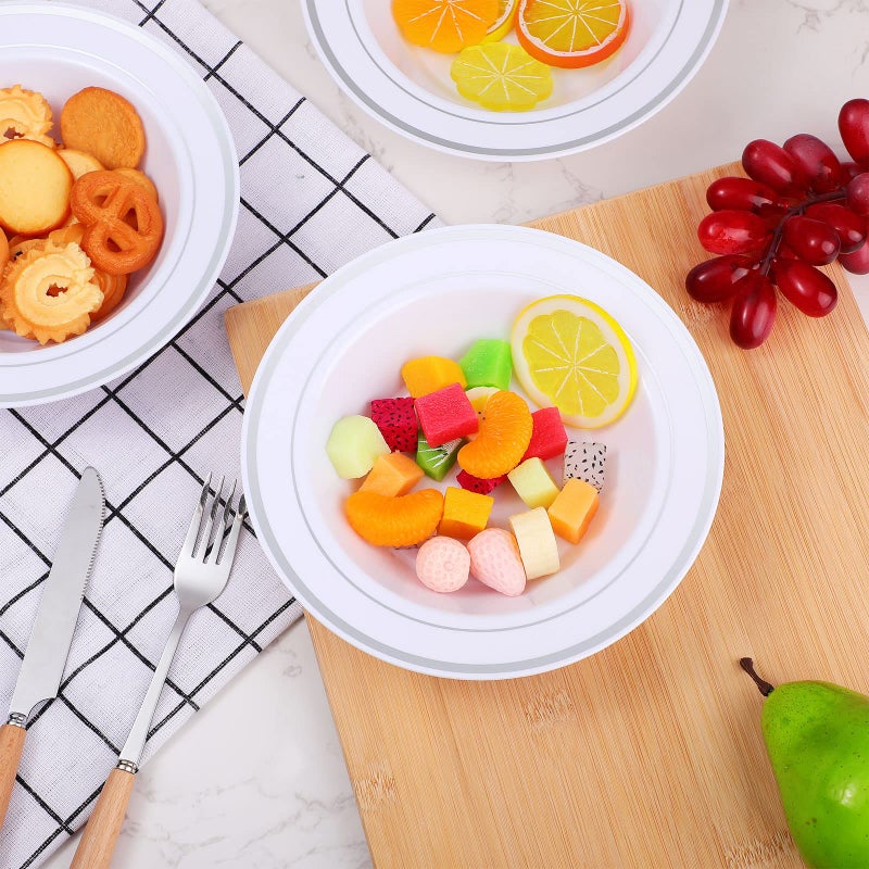Jinei 150 Pieces 6 oz Plastic Bowls with Rim Small Disposable Soup Bowls for Dessert Salad Soup Candy Wedding Thanksgiving Catering Holidays Party Supplies (White Silver Rim) - Image 3