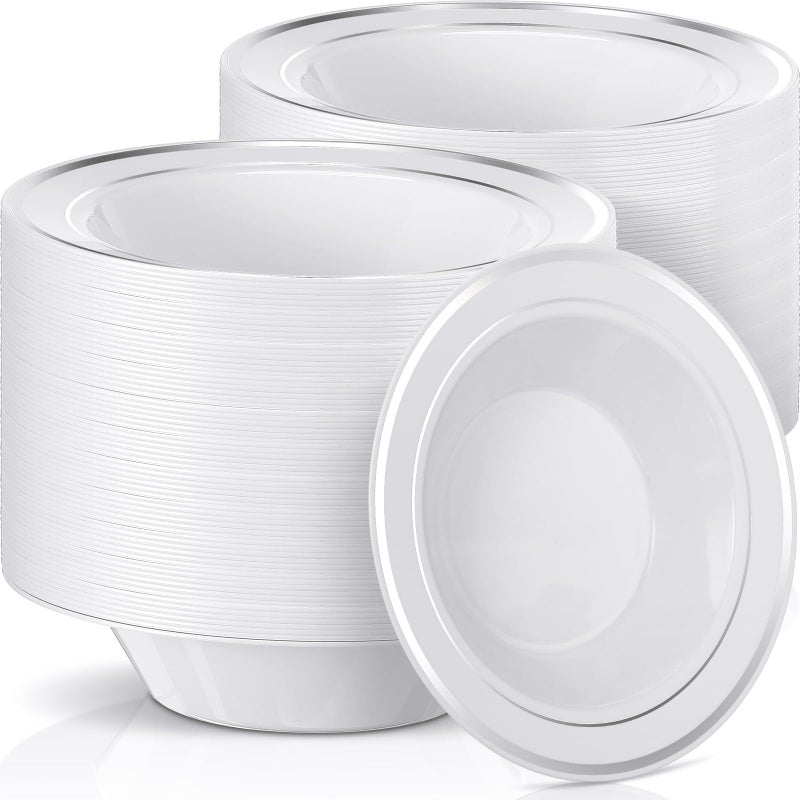 Jinei 150 Pieces 6 oz Plastic Bowls with Rim Small Disposable Soup Bowls for Dessert Salad Soup Candy Wedding Thanksgiving Catering Holidays Party Supplies (White Silver Rim) - Image 1