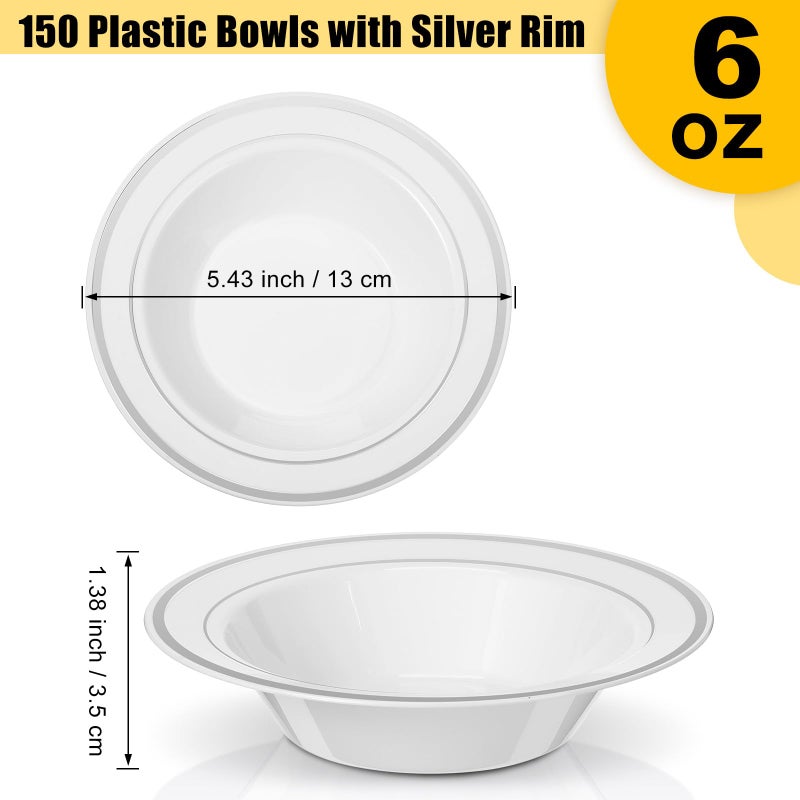 Jinei 150 Pieces 6 oz Plastic Bowls with Rim Small Disposable Soup Bowls for Dessert Salad Soup Candy Wedding Thanksgiving Catering Holidays Party Supplies (White Silver Rim) - Image 2