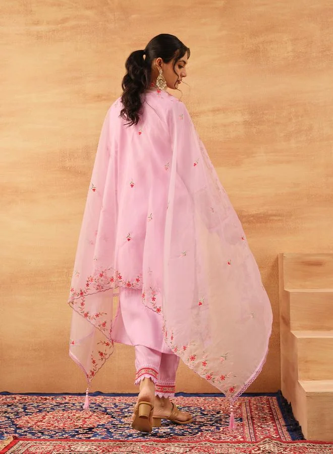 ISHIN Women's Pink Roman Silk Embroidered Tunic Top With Ankle Palazzo Straight 3 Peice Kurta Set