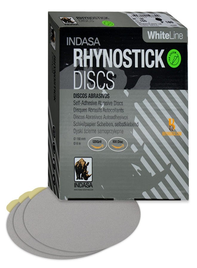 Indasa 6" 100 PCS PSA Sanding Discs - Rhynostick 120 Grit / 100 Discs - Self-Adhesive Sticky-Back Sandpaper for DA Sander, Automotive, Wood, Metal, Paint, Whiteline - Image 1