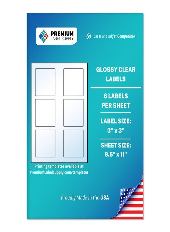 Premium Label Supply Glossy Clear Sticker Square Labels - 3” x 3" - Laser/Inkjet Compatible - (6 Labels/Sheet), 10 Sheets - 60 Total Adhesive Labels - Image 1