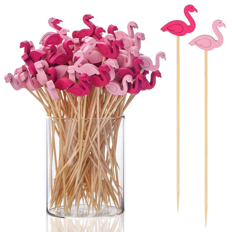 JtmyAota 100 Pack Flamingo Toothpicks for Appetizers, 4.7 Inch Natural Bamboo Cocktail Picks for Cake Dessert Food Fruit Party Decorations - Image 1