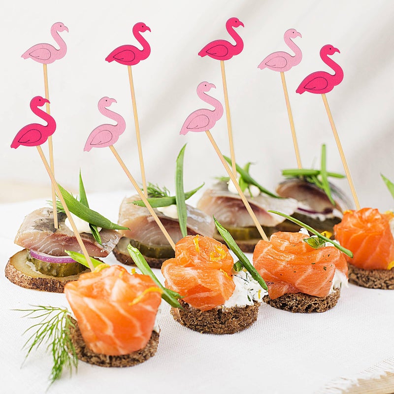 JtmyAota 100 Pack Flamingo Toothpicks for Appetizers, 4.7 Inch Natural Bamboo Cocktail Picks for Cake Dessert Food Fruit Party Decorations - Image 5