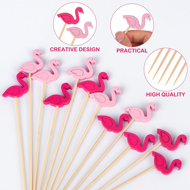 JtmyAota 100 Pack Flamingo Toothpicks for Appetizers, 4.7 Inch Natural Bamboo Cocktail Picks for Cake Dessert Food Fruit Party Decorations - Image 3