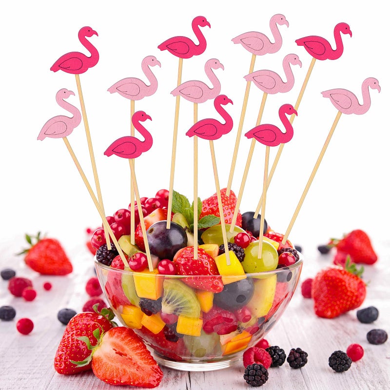 JtmyAota 100 Pack Flamingo Toothpicks for Appetizers, 4.7 Inch Natural Bamboo Cocktail Picks for Cake Dessert Food Fruit Party Decorations - Image 4