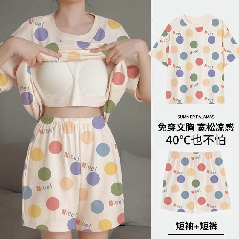 Summer Cool Sleepwear Set for Women with Built-in Bra Pad[with chest pad] colorful round [with chest pad] colorful round 