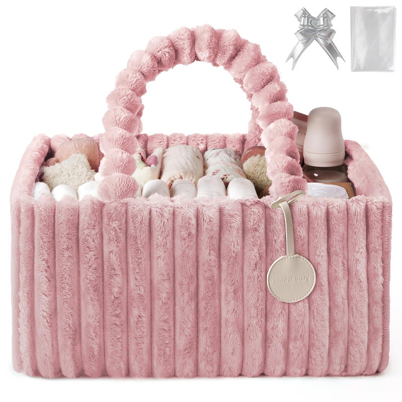 Blissful Diary Flannel Diaper Caddy Organizer, included Gift Packaging, Cozy Nursery Storage Basket, Gift for Baby Shower, Newborn Essentials, Blush Pink - Image 1