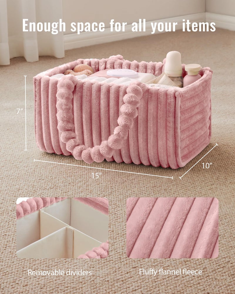 Blissful Diary Flannel Diaper Caddy Organizer, included Gift Packaging, Cozy Nursery Storage Basket, Gift for Baby Shower, Newborn Essentials, Blush Pink - Image 4