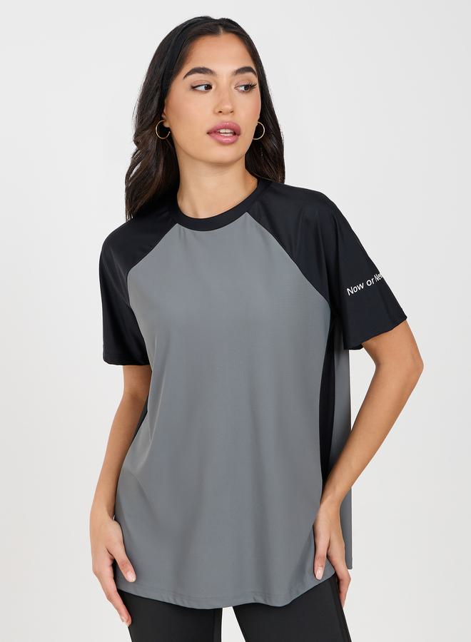 Styli Colourblock Slogan Text Sleeve Top  - Image 1