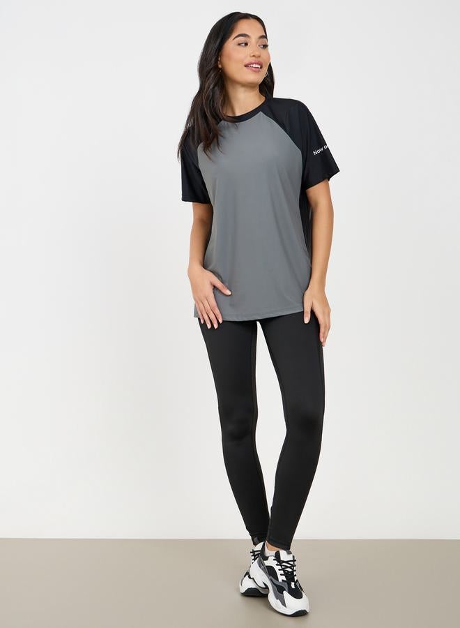 Styli Colourblock Slogan Text Sleeve Top  - Image 2