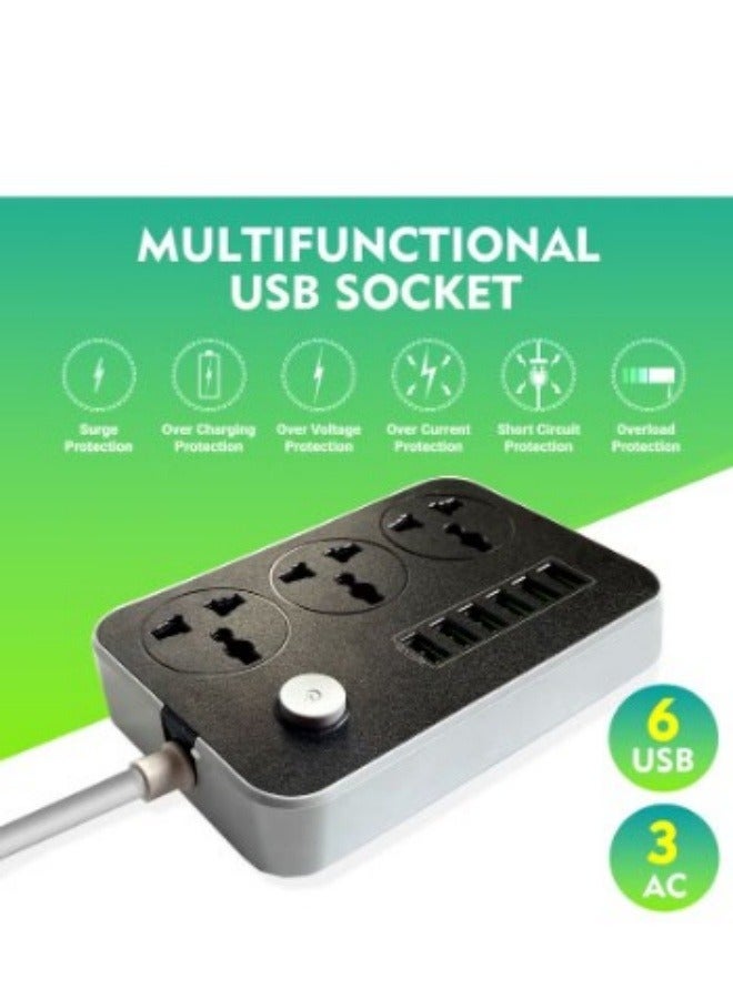 Halamodo 6 USB Auto Max 3.4A USB Identify Automaticly 3 Power Socket Anti-static Power Socket with 6 USB Ports Universal Charging Socket with 2M Bold Extension Cord - Image 2