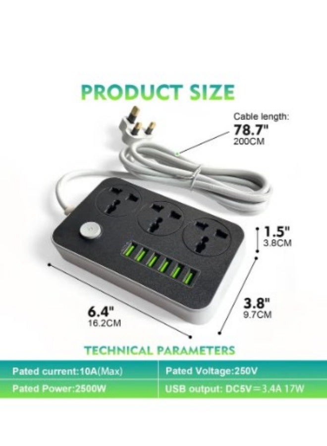 Halamodo 6 USB Auto Max 3.4A USB Identify Automaticly 3 Power Socket Anti-static Power Socket with 6 USB Ports Universal Charging Socket with 2M Bold Extension Cord - Image 4