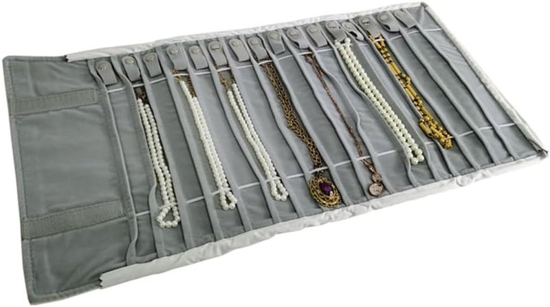 SCIKHEFT Portable Jewelry Roll Untangled Secure Necklace Travel Storage Bag Displays Holder 16 Chain (Gray PU and Gray Velvet) - Image 5