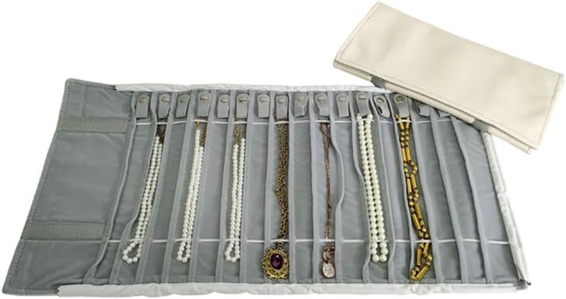 SCIKHEFT Portable Jewelry Roll Untangled Secure Necklace Travel Storage Bag Displays Holder 16 Chain (Gray PU and Gray Velvet) - Image 4
