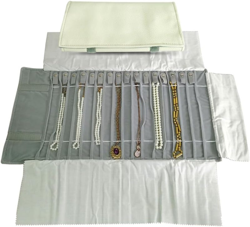 SCIKHEFT Portable Jewelry Roll Untangled Secure Necklace Travel Storage Bag Displays Holder 16 Chain (Gray PU and Gray Velvet) - Image 2