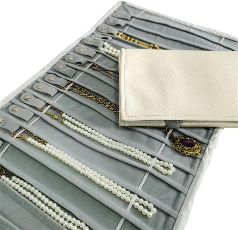 SCIKHEFT Portable Jewelry Roll Untangled Secure Necklace Travel Storage Bag Displays Holder 16 Chain (Gray PU and Gray Velvet) - Image 3
