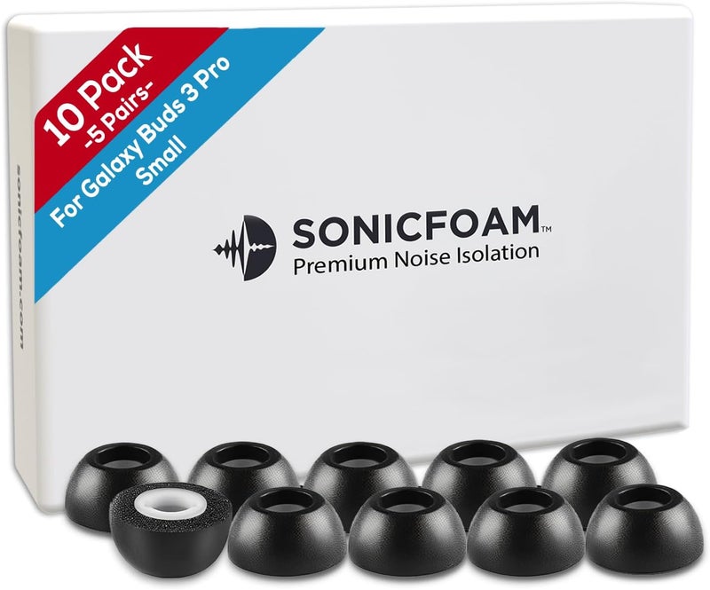 SONICFOAM أطراف أذن رغوة الذاكرة (SFBuds-3-4-Pro صغير أسود) - متوافقة مع Buds 3 و 4 Pro - (10 قطع / 5 أزواج) - Image 1