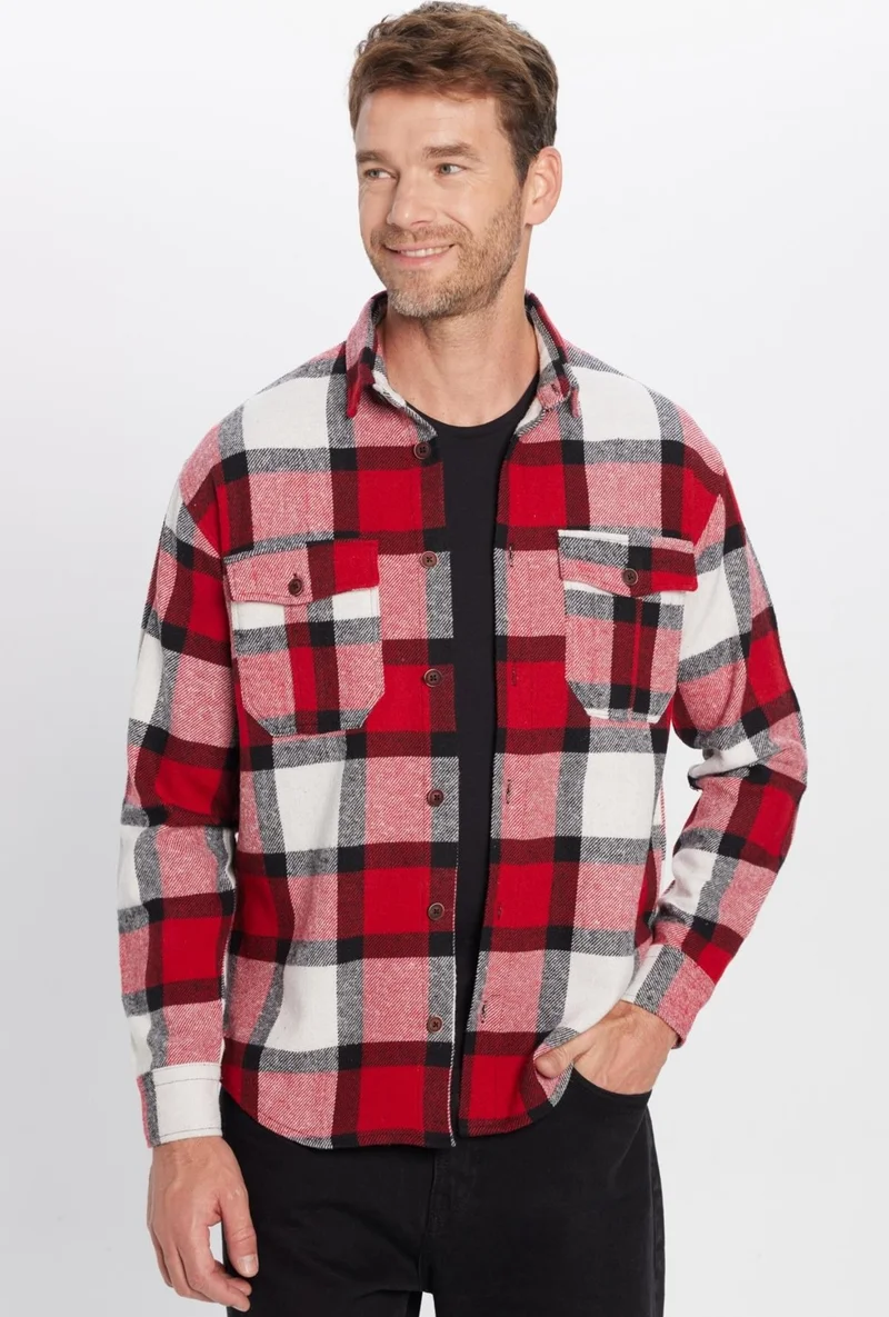 تودورس Men's Relax Fit Casual Cut Lumberjack Double Pocket Buttoned Plaid Winter Shirt