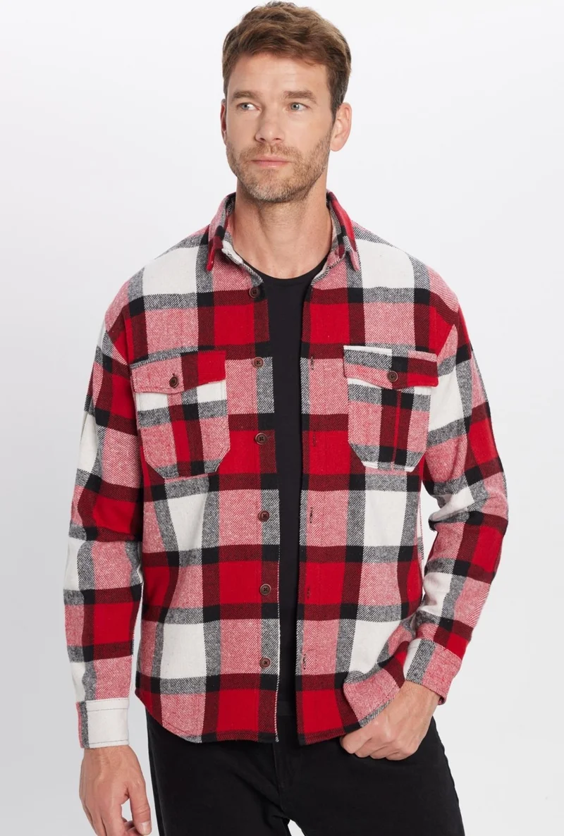 تودورس Men's Relax Fit Casual Cut Lumberjack Double Pocket Buttoned Plaid Winter Shirt