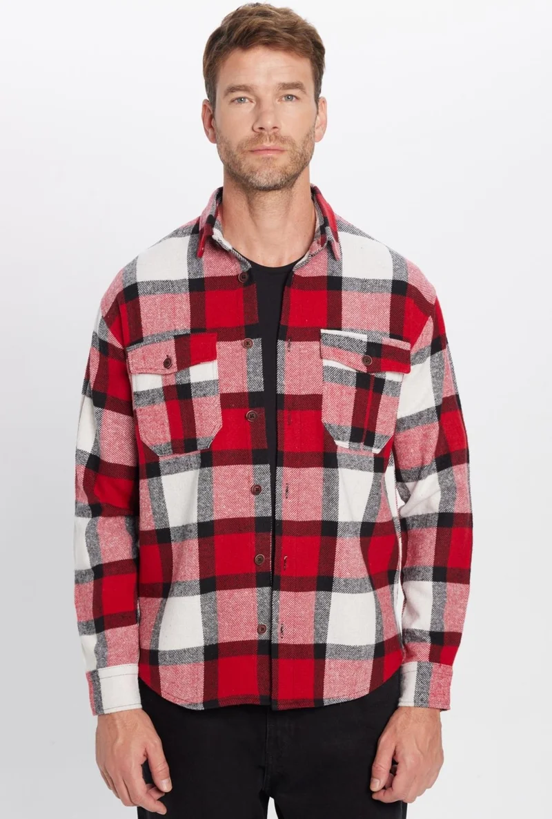 تودورس Men's Relax Fit Casual Cut Lumberjack Double Pocket Buttoned Plaid Winter Shirt