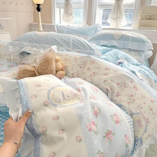 AMZTOP Blue Reversible Ruffle Duvet Cover Set King Cute Floral Rabbits Comforter Cover with 2 Pillowcases 3 pcs 100% Cotton Aesthetic Bedding Set with Zipper Closure for Girl Women, King 90 * 104” - Image 3