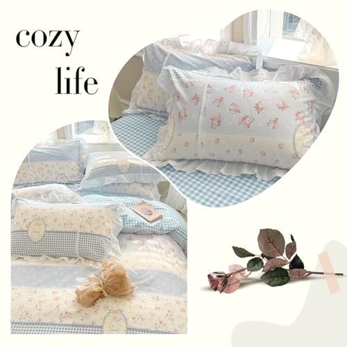 AMZTOP Blue Reversible Ruffle Duvet Cover Set King Cute Floral Rabbits Comforter Cover with 2 Pillowcases 3 pcs 100% Cotton Aesthetic Bedding Set with Zipper Closure for Girl Women, King 90 * 104” - Image 5