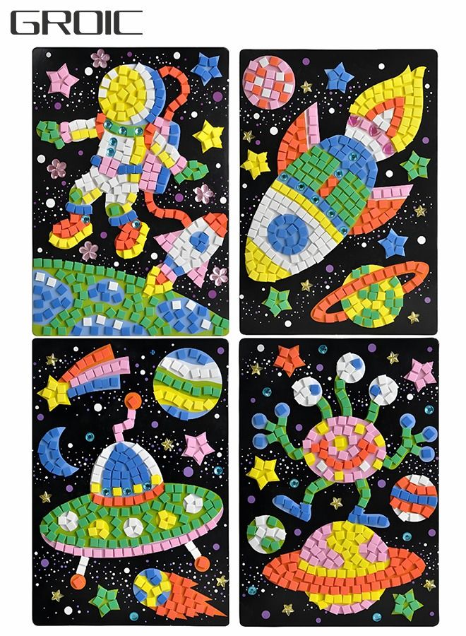 GROIC Mosaic Sticker Art Kits，DIY Sticky Handmade Arts and Crafts Kits for Kids，4 Pack Space Astronaut Theme Fun Activities EVA Sticky Mosaics Sticker Kits - Image 1