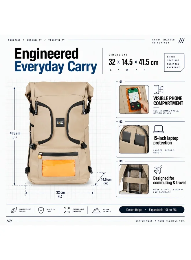 Monkey Troopers Beige Roll Top Backpack for Men Women Expandable Laptop Bag with Magnetic Tank Mount Touch Sensitive Navigation Pocket Travel Biking Hiking Picnic Camping