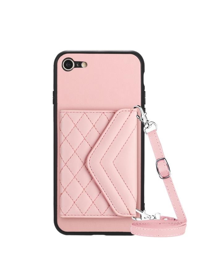 S-TOP Case For iPhone SE 2022 / SE 2020 Rhombic Texture Card Bag RFID Phone Case with Long Lanyard - Image 1
