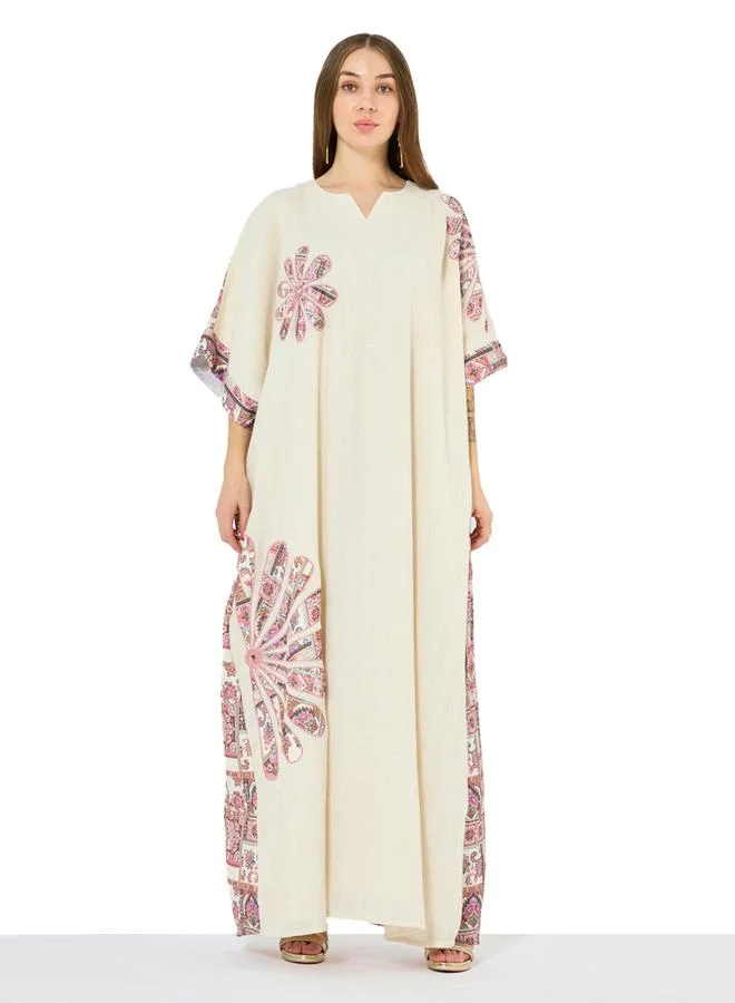Thouq Cream A-Line Maxi Kaftan with Patchwork Motif
