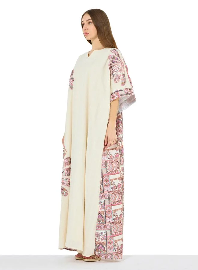 Thouq Cream A-Line Maxi Kaftan with Patchwork Motif