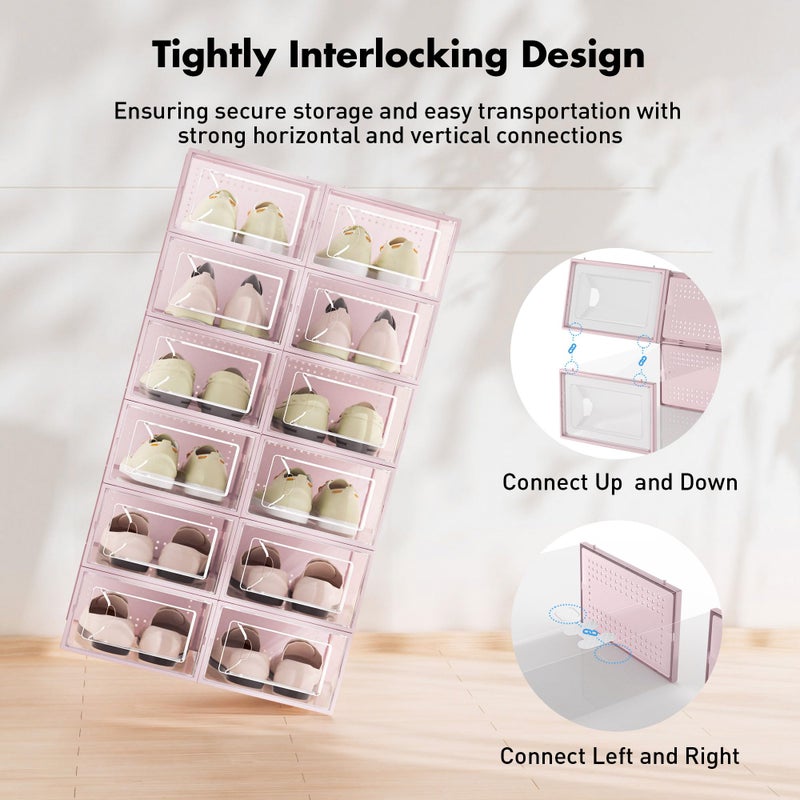 Foluck Shoe Storage Box, 15 Pack Clear Plastic Stackable Shoe Organizer for Closet, Interlocking Design Shoe Container Bins for Sneakers, Foldable Shoe Rack with Lids, Pink - Image 3