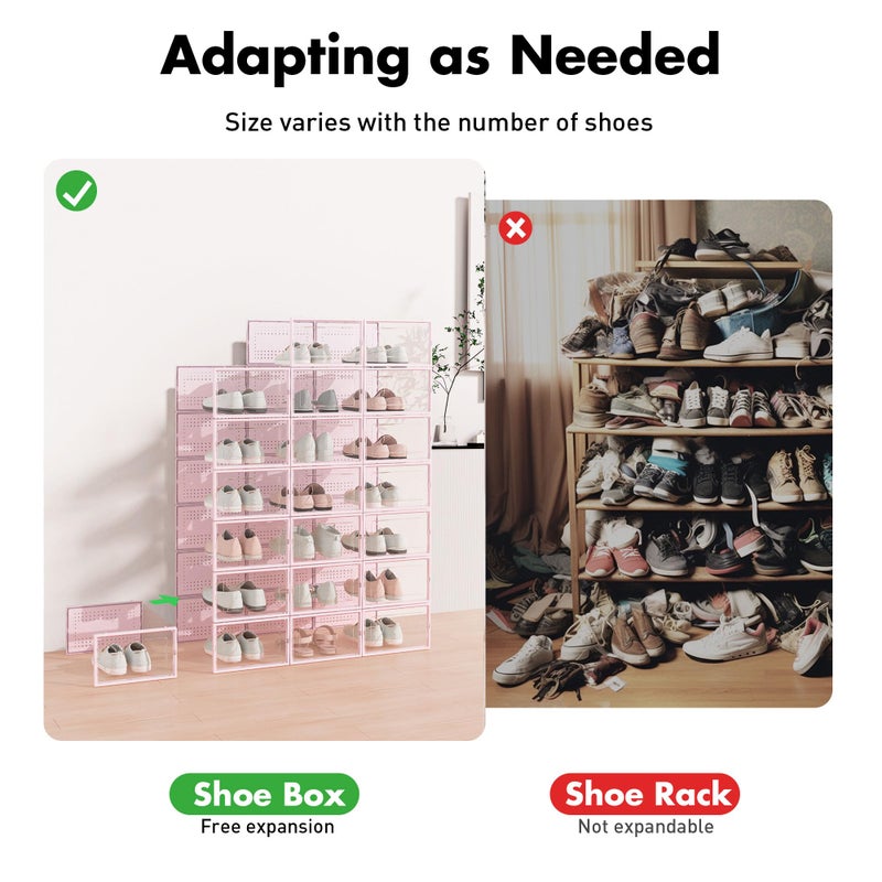 Foluck Shoe Storage Box, 15 Pack Clear Plastic Stackable Shoe Organizer for Closet, Interlocking Design Shoe Container Bins for Sneakers, Foldable Shoe Rack with Lids, Pink - Image 4
