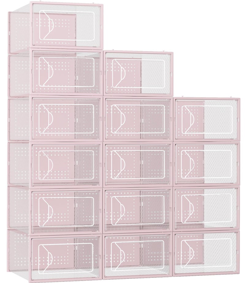 Foluck Shoe Storage Box, 15 Pack Clear Plastic Stackable Shoe Organizer for Closet, Interlocking Design Shoe Container Bins for Sneakers, Foldable Shoe Rack with Lids, Pink - Image 1
