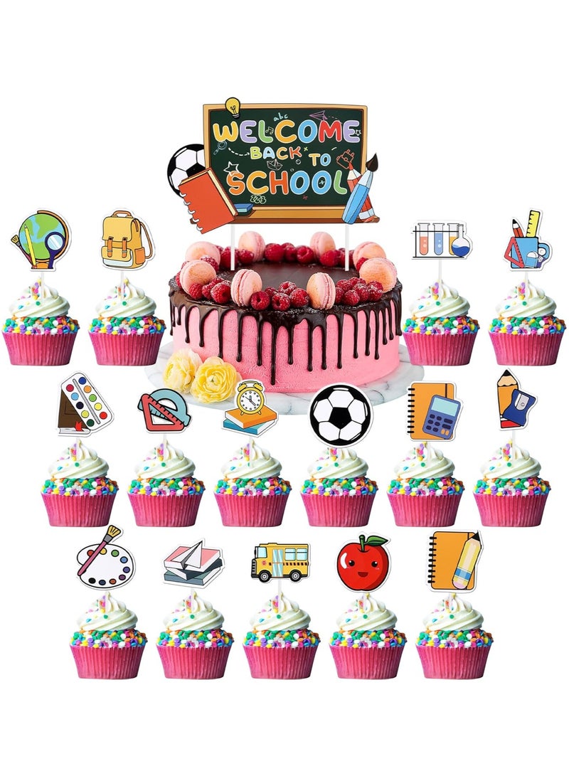 Pack of 31 Back to School Cake Decorations 14 Designs Welcome Back to School Cupcake Toppers School Bus Alarm Clock School Bag Cake Decoration for Back to School Theme Party Cupcake Decorations - Image 1