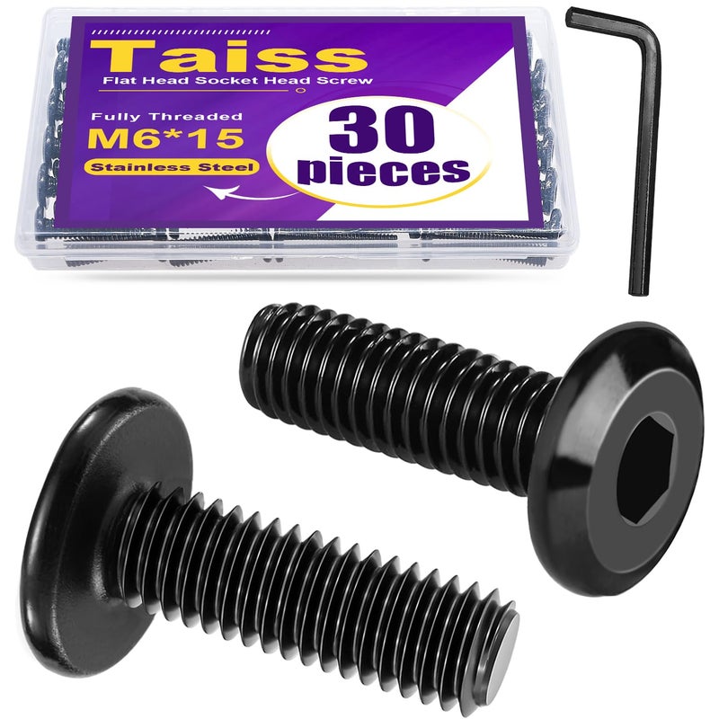 Taiss 30pcs M6 x 15mm Flat Head Socket Head Screw Furniture Bolts,Furniture Screws Stainless Steel 18-8(304),M6 Bolts Black Zinc Plated Fully Threaded,Countersunk Connector M6 Screws with Hex Spanner - Image 1
