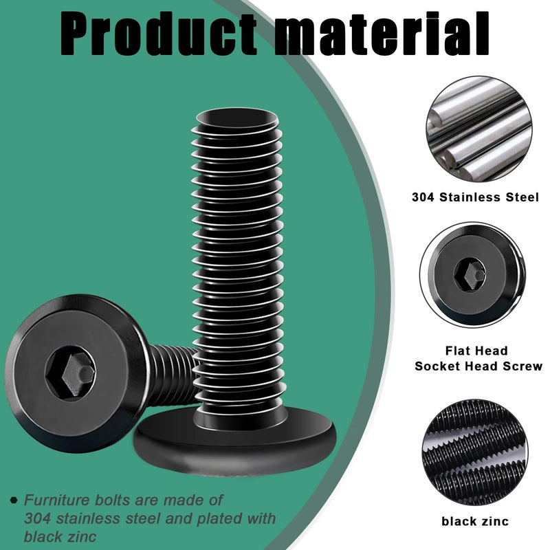 Taiss 30pcs M6 x 15mm Flat Head Socket Head Screw Furniture Bolts,Furniture Screws Stainless Steel 18-8(304),M6 Bolts Black Zinc Plated Fully Threaded,Countersunk Connector M6 Screws with Hex Spanner - Image 3