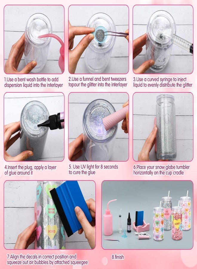 مينبلان مجموعة أدوات صنع أكواب كرة الثلج لعيد الحب من مينبلان، 4 قطع، ألوان حلوى، أغطية أكواب على شكل قلوب محببة بتقنية الأشعة فوق البنفسجية، علبة مزدوجة الجدار سعة 16 أونصة، 7 ألوان، زجاجة ضغط لامعة، مكشطة، مصباح يدوي، قمع - Image 5