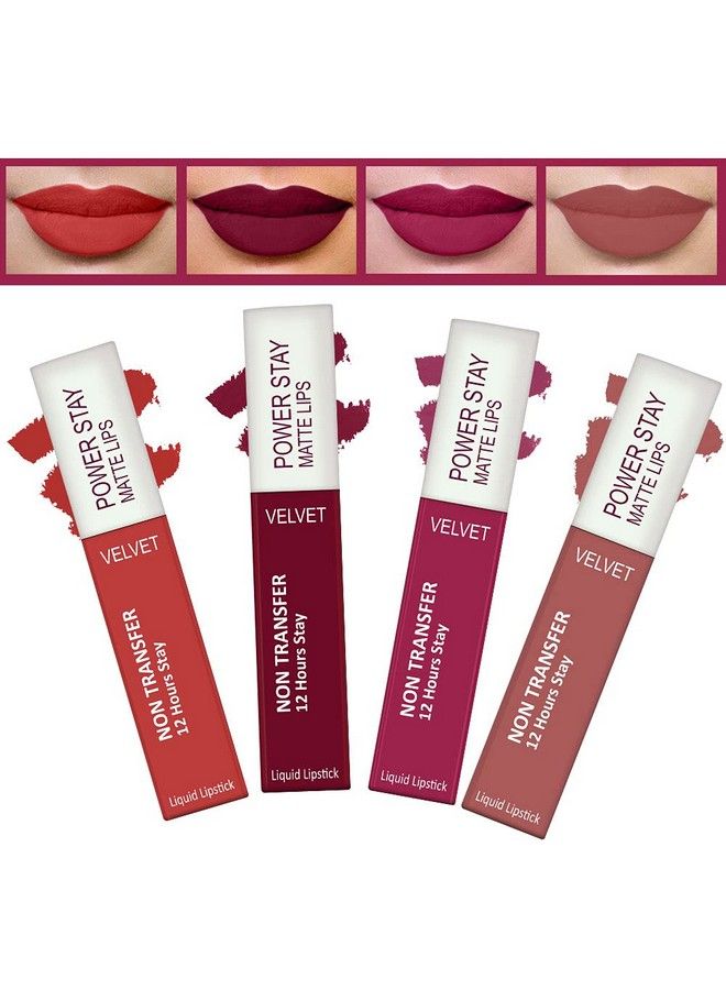 Forfor Power Stay Long Last Matte Lipstick Combo Of 4 Waterproof (12 Hrs Stay) (Candy Red Bridal Maroon Pink Blush Sandy Nude Pack Of 4) - Image 1