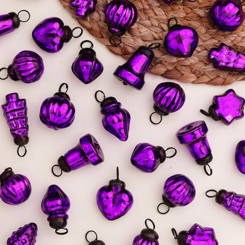 Indian-Shelf 200 Pieces Glass Purple Christmas Ornaments Decorative Mercury Mini Vintage Bulk Hanging Ornaments for Halloween Christmas Tree New Year Valentine Day Holidays Event and Wedding Party Decor