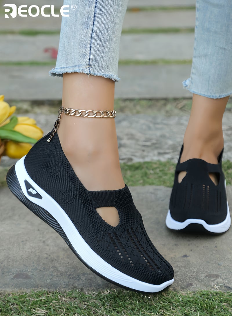 REOCLE Women's Breathable Knit Sneakers Slip On Low Top Design Plain Toe Lightweight PVC Sole Comfortable Fabric Upper for All Day Wear Casual Footwear - Image 1