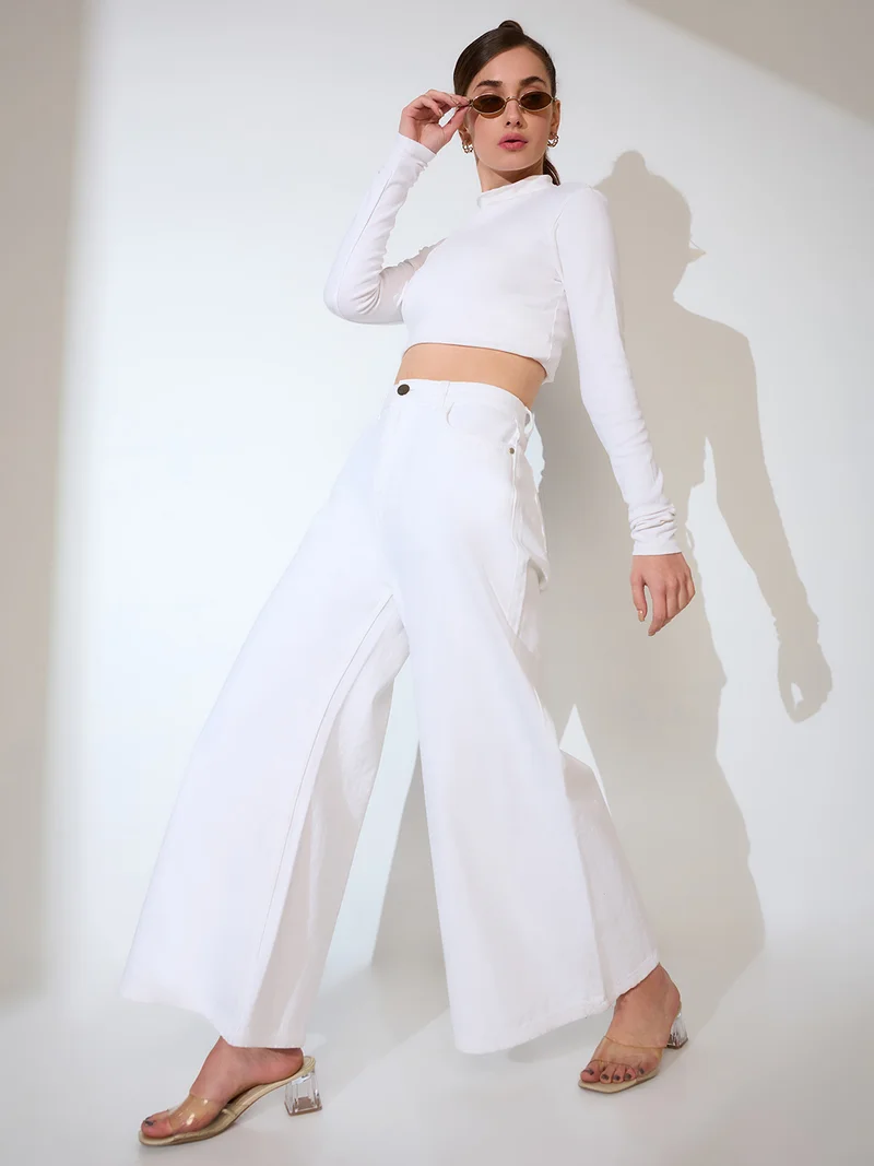 جلو باص جينز نسائي جلوبس قطن سادة واسع من الأسفل بخصر متوسط