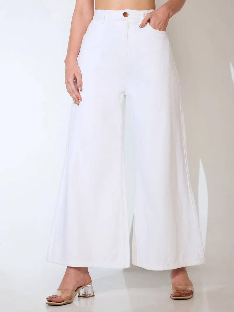 جلو باص جينز نسائي جلوبس قطن سادة واسع من الأسفل بخصر متوسط