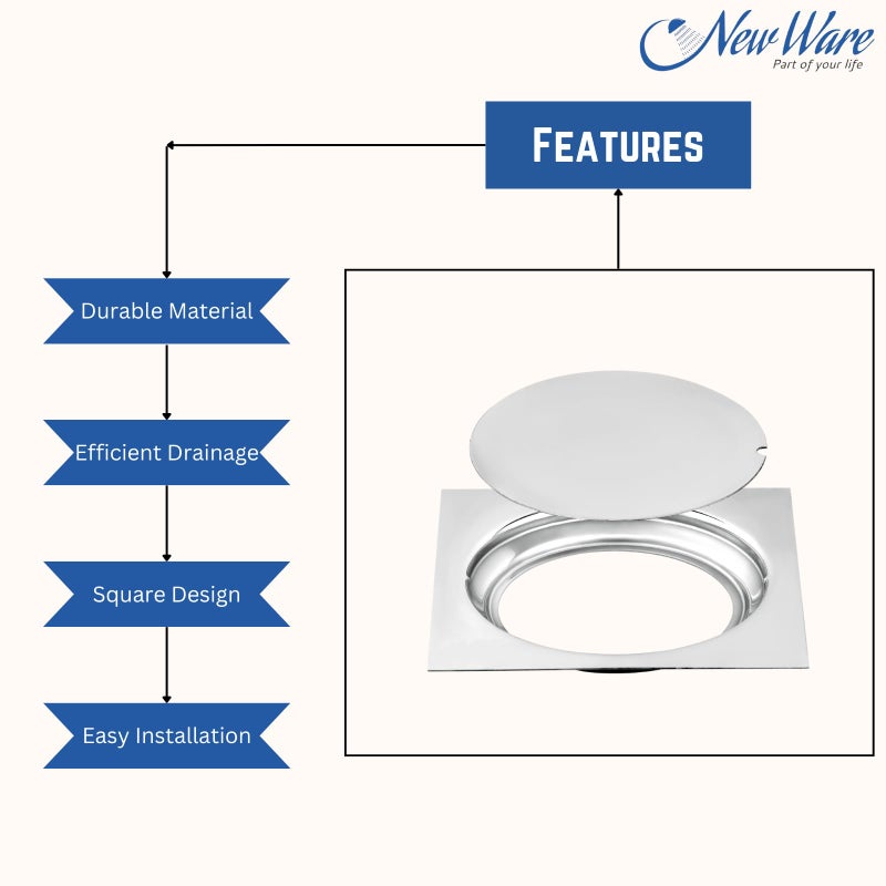 NEW WARE Square 5x5 Inch Stainless Steel Bathroom Jali/Trap Floor Drain with Chrome Finish Water Drain Grating - Image 5