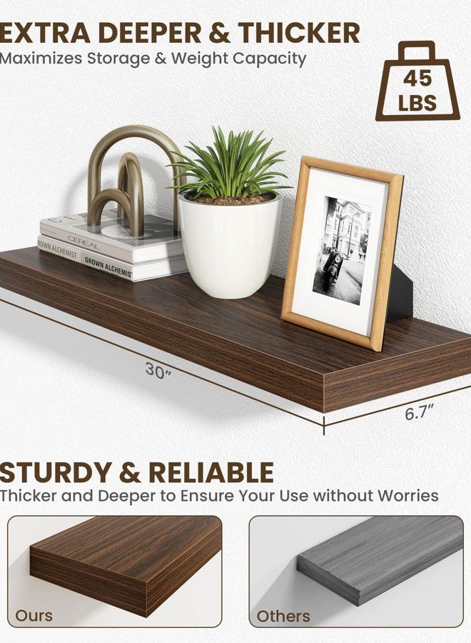 Marsmiles 30" Floating Shelves for Wall, Wooden Shelves with Invisible Brackets Set of 2, Rustic Farmhouse Wall Mounted Shelf for Kitchen Bathroom Living Room Study, Walnut - Image 4