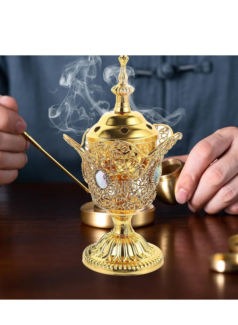 SYOSI موقد بخور كهربائي معدني على طراز شرق أوسطي موزع عطر طاولة لجلسة في المنزل أو المكتب أو اليوغا أو السبا أو العلاج بالروائح أو الزخرفة التأملية - Image 4